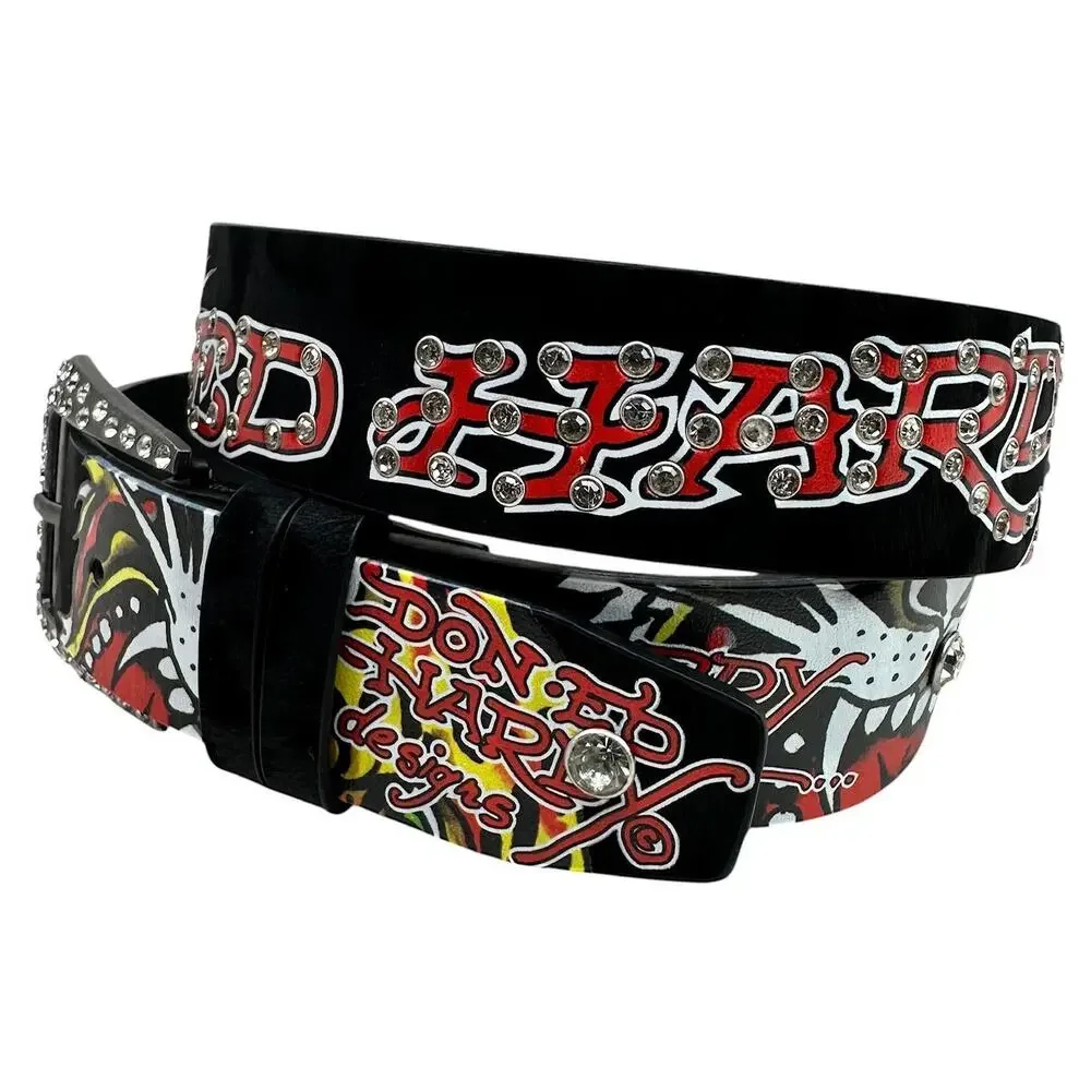 Ed Hardy Women's Rhinestone Tiger Printed Black Belt
